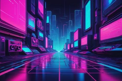 cyberpunk,80's design,retro background,cyber,futuristic landscape,neon arrows,cityscape,80s,cyberspace,neon,colorful city,abstract retro,futuristic,vapor,aesthetic,ultraviolet,art background,metropolis,digitalart,neon lights,Illustration,Retro,Retro 17