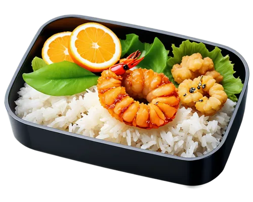 Colorful cartoon food, Japanese-style bento box, steaming hot rice, savory chicken teriyaki, crispy tempura shrimp, fresh green salad, ripe orange slice, cute facial expression, exaggerated eyes, shin