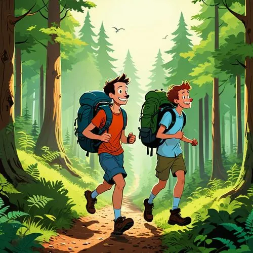 Create a basic cartoon of a man and his friend hiking in the forest. Both hikers should have cheerful and relaxed expressions, wearing typical hiking gear like backpacks, hats, and boots. The forest s