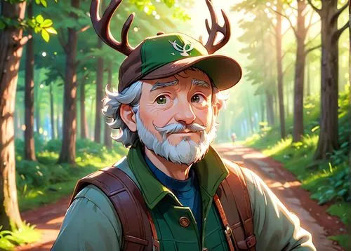 A 50 year old man, he is a forester, he is wearing a cap with a deer logo on it, his beard is chesnuts colored, hes is wearing forester clothes green and brown colored,a cartoon character with a deer'