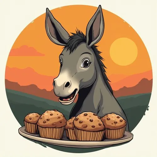 Cute mule eating muffins in front on a vintage sunset; Encircling the round graphic is this typography: ‘MULE MUFFINS’,an image of a donkey and muffins with sunset,apple pie vector,telegram icon,bakda