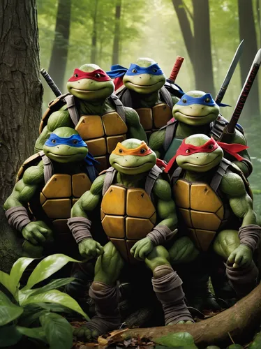 Create a heartwarming story where the Teenage Mutant Ninja Turtles learn valuable lessons about friendship in a peaceful forest.,teenage mutant ninja turtles,stacked turtles,turtles,trachemys,patrol,p