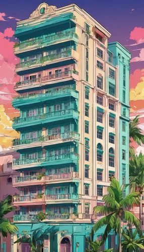 honolulu,south beach,seaside resort,tropical house,miami,sanya,hotel riviera,tropics,beach resort,waikiki beach,apartment block,vedado,apartment building,fort lauderdale,apartment complex,acapulco,cuba background,palmbeach,resort,beachhouse,Illustration,Japanese style,Japanese Style 03