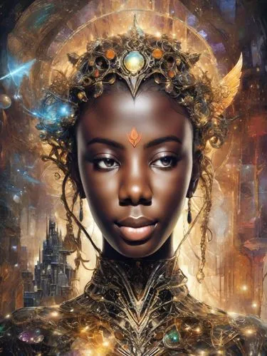 fantasy portrait,fantasy art,mystical portrait of a girl,priestess,the enchantress,african art,golden crown,sci fiction illustration,sorceress,zodiac sign libra,fantasy woman,heroic fantasy,queen of the night,african woman,libra,rosa ' amber cover,african american woman,black woman,warrior woman,fantasia