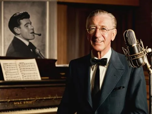 Frank Churchill, never smile, at a crocodile, lyrics, vintage microphone, old piano, dimly lit recording studio, 1940s setting, nostalgic atmosphere, warm spotlight, classic suit, white shirt, black b