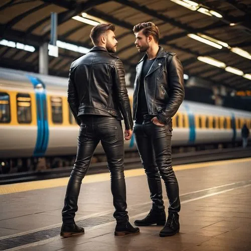 models,trackers,partnerlook,fashion models,husum hbf,men sitting,leather boots,two track,gay love,men's wear,photo shoot for two,male youth,passenger groove,men clothes,male model,international trains,gay men,leather jacket,train way,utrecht,Photography,General,Natural