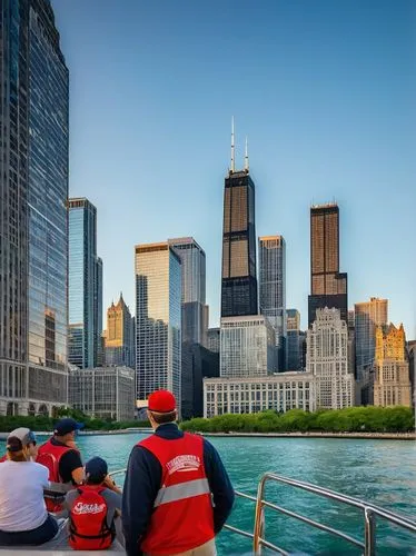 Chicago boat tour, Lake Michigan waterfront, evening sunset, warm golden light, Willis Tower (Sears Tower), Navy Pier, modern skyscraper, glass reflection, steel frame, sailboats, yachts, seagulls fly