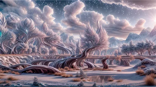 fantasy landscape,mushroom landscape,ice planet,ice landscape,futuristic landscape,alien world,alien planet,salt meadow landscape,ghost forest,cartoon forest,fantasy picture,lunar landscape,winter forest,snow landscape,arid landscape,virtual landscape,swampy landscape,dune landscape,winter landscape,crooked forest