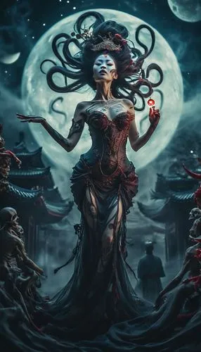 in the style of classical statues, swirling vortexes, geisha, tattoos, dancing, long flowy hair, anatomy, heart, brains, bones, moons, stars, fog, skeletal, blood, veins,Queen of Death,vodun,hecate,so