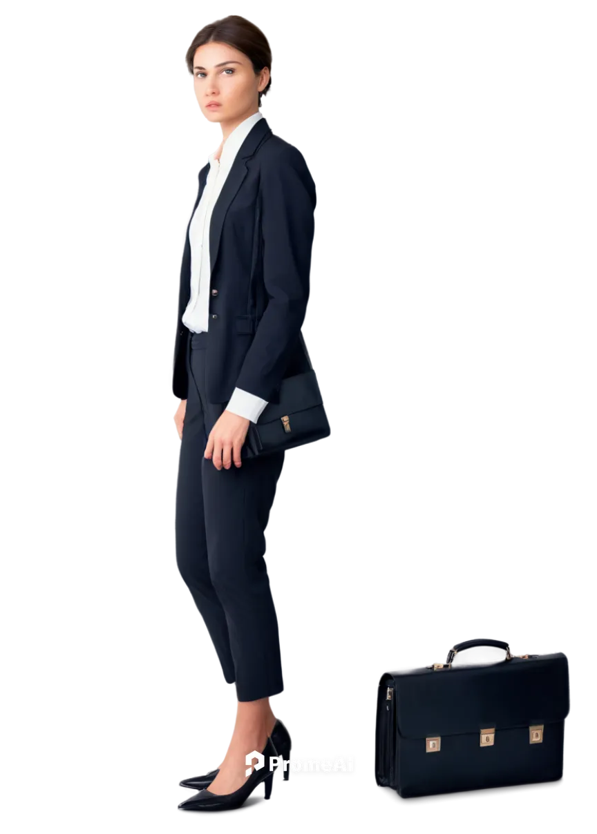 Determined businesswoman, solo, (30yo), short brown hair, minimal makeup, white shirt, black blazer, formal trousers, black heels, briefcase, standing, confident posture, realistic, soft lighting, sha