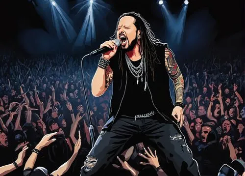 Jonathan Davis fanart, male, 30s, vocalist, Korn, nu-metal, goatee, black hair, sleeveless shirt, silver chain necklace, ripped jeans, black boots, microphone, concert stage, spotlight, screaming crow