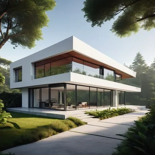 Modern villa, Todd Saunders style, angular lines, cantilevered roof, large glass windows, minimalist interior, white walls, polished concrete floor, sleek wooden accents, lush greenery surroundings, f