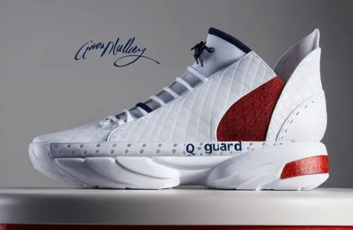 Sock material upper sneaker with pebbled leather heel cap, Q-guard  logo on sole trim, all white, with red and navy accent color scheme , ,Quilted court shoe,melos,lillard,jordan shoes,basketball shoe