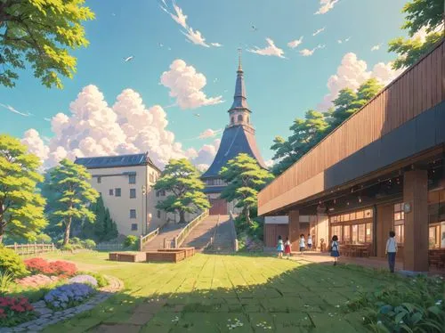 an image of a beautiful town with beautiful grass,sylvania,ghibli,studio ghibli,vesperia,rouran,fairy tale castle,Anime,Anime,Traditional