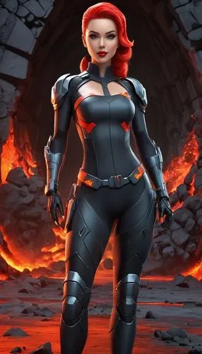 Realistic photo of a model with bold, dramatic makeup, smoky eyes, and red lips.,a woman standing in front of an open pit,madelyne,black widow,romanoff,lilandra,liora,demona,Unique,3D,3D Character