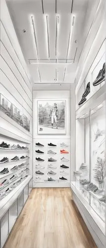 walk-in closet,niketown,renderings,closets,showrooms,boutiques,shelves,camuto,merchandizing,retail,stores,krakoff,paris shops,retailers,shoppe,shop fittings,large store,shoesource,shoe cabinet,selfridge,Illustration,Black and White,Black and White 30