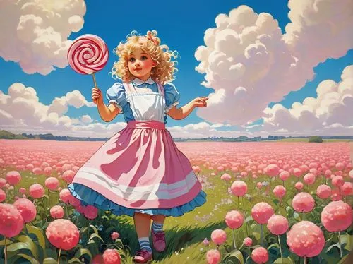 Colorful chump character, holding lollipop, sweet innocent face, big round eyes, blonde curly hair, pink dress with white apron, striped socks, Mary Jane shoes, standing on tiptoes, flower field backg