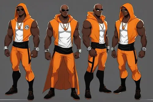 A male superhero, bald, dark skin tone, muscular figure, sleeveless hoodie, arm gauntlets, color: Orange and black, cel-shaded color block comic book art style,orange robes,metamorpho,concept art,piec