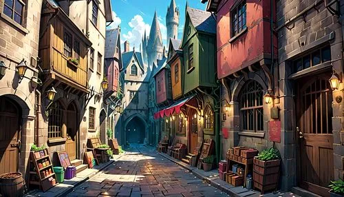 medieval street,medieval town,3d fantasy,hogwarts,fantasy city,hamelin,narrow street,medieval architecture,fantasy world,old linden alley,alleyway,knight village,the cobbled streets,old town,aurora village,fantasy landscape,old city,cartoon video game background,alley,magical adventure,Anime,Anime,Realistic