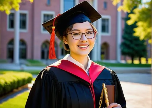 Mature lady, graduate, solo, (25yo), short hair, glasses, elegant smile, black graduation gown, white collar, golden tassel, red honor cord, holding diploma, confident posture, standing, university ca