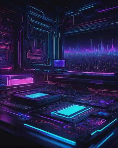 Discord server background, pixel art style, digital abstract, vibrant neon colors, glitch effects, futuristic atmosphere, 3D cyberpunk elements, circuit board patterns, wires and microchips, holograph