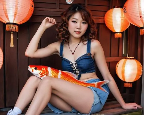 Koi fish, chest tattoo, Japanese style, colorful scales, vibrant orange, white, and black, intricate design, feminine, Lolita, solo, (18yo), beautiful detailed eyes, light blush, long curly brown hair