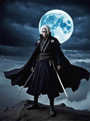 Bleach character, Shinigami, Soul Reaper, male, pale skin, spiky white hair, piercing blue eyes, black eyeliner, silver earrings, black Shinigami robes, flowing cloak, intricate embroidery, worn-out b