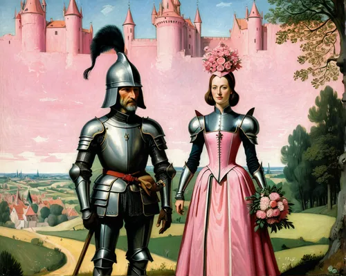 young couple,man and wife,middle ages,the middle ages,bach knights castle,palatinate,tudor,medieval,man in pink,courtship,gothic portrait,as a couple,knight tent,fleur-de-lys,man and woman,pink squares,wedding couple,husband and wife,parrot couple,accolade,Art,Artistic Painting,Artistic Painting 03