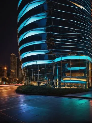 Futuristic parametric design, modern architecture, intricate details, metallic materials, glass facade, curved lines, geometric shapes, urban cityscape, night scene, neon lights reflecting off the bui