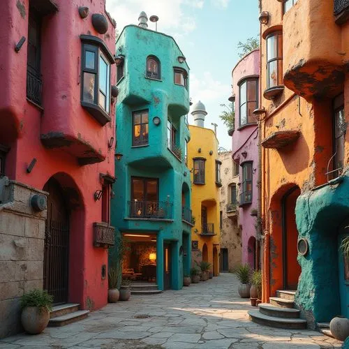 Vibrant colored buildings, distorted forms, irregular shapes, bold textures, rough stone walls, exposed concrete structures, metallic accents, oxidized copper details, abstract sculptures, avant-garde