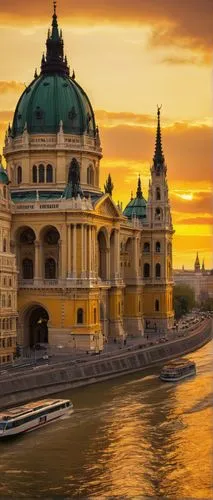 Historic Budapest, grandiose architecture, ornate details, Baroque style, intricate stone carvings, Gothic spires, Romanesque arches, vibrant yellow and orange buildings, Hungarian Parliament Building