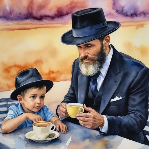 father with child,rabbi,mitzvah,espresso,coffee tea illustration,blue coffee cups,itamar kazir,gentleman icons,ivan-tea,man and boy,jewish,father and son,torah,boy's hats,dad and son,a cup of coffee,oil painting on canvas,cuban espresso,drinking coffee,oil painting