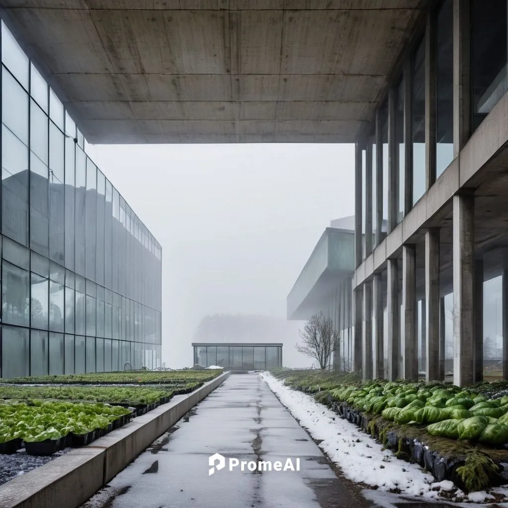 Green house, glass and concrete as main materials, growing vegetables, cold arctic climate, high building surrounded by glaciers and water, no sun, without roads, dark night, 1 level on pillars, huge 