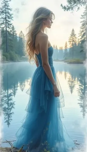 celtic woman,girl in a long dress,blue moment,riverdance,enchanting,blue dress,Illustration,Paper based,Paper Based 11