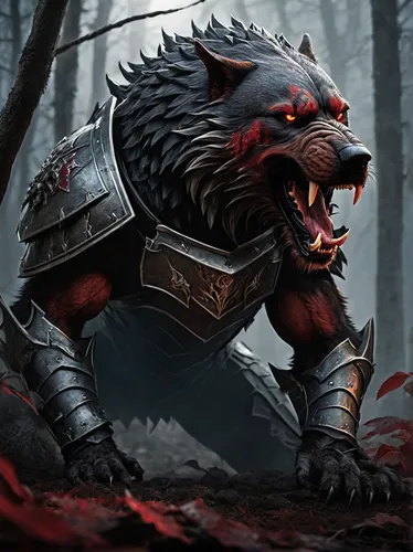 bloodhound beast, fangs bared, aggressive stance, dynamic action, ash swirling, war-torn battlefield, dark fantasy armor, crimson bloodstains, fur texture, snarling expression, glowing eyes, full moon