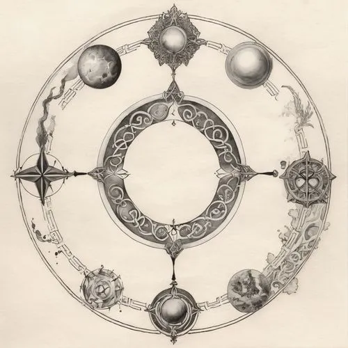 circular ornament,lunar phases,astrolabes,dharma wheel,alethiometer,silmarils,sigil,astrolabe,esoteric symbol,sigils,circumlunar,wind rose,alchemical,pentacle,zodiac,glass signs of the zodiac,circular star shield,stargates,bontekoe,grimoire,Illustration,Paper based,Paper Based 30