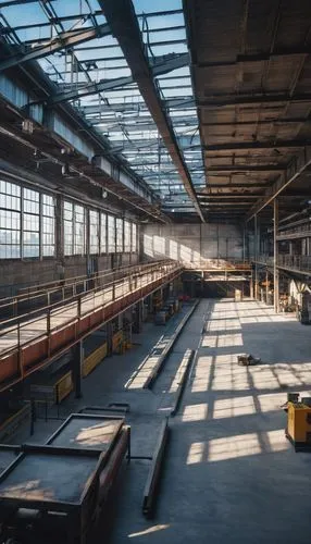 Industrial factory building, modern architecture, steel beams, large windows, brick walls, concrete floor, metal pipes, machinery, conveyor belts, catwalks, staircases, control rooms, warning signs, f