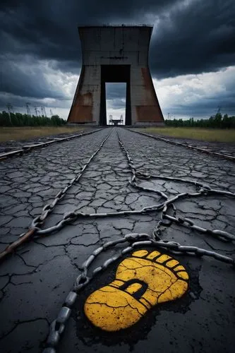 Elephant's giant foot, Chernobyl nuclear power plant, abandoned, rusted metal, heavy chains, concrete foundation, cracked earth, radioactive symbol, warning signs, desolate landscape, dark clouds, sto