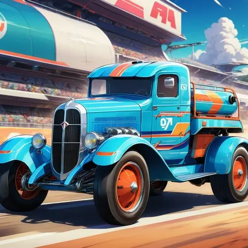 A futuristic racing truck based on 1930s designs.,an old timey car driving through the streets,racing transporter,mater,game car,automobile racer,ford truck,rust truck,supertruck,retro vehicle,racing,