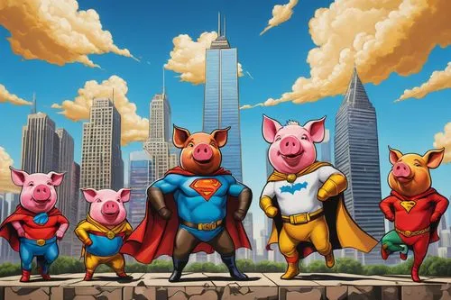 League of Pigs, cartoon style, group of 5 pigs, various skin tones, dynamic poses, superhero costumes, colorful capes, golden belts, determined facial expressions, cityscape background, skyscrapers, b