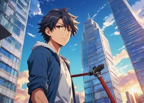 High-end DSLR camera, professional photographer, male, 30s, holding tripod, wearing casual outdoor clothing, standing in front of modern skyscraper, blue sky with few white clouds, urban cityscape, de