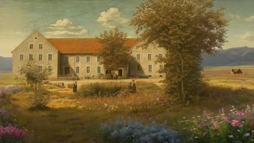 add an image style image, from the central house to the right side horizontally make a longer existing house extension with a basement and tiled roof, in the foreground low wild prairie grass with sma