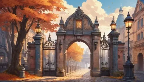 city gate,archway,archways,portal,gateway,autumn background,fantasy landscape,entrada,neverwinter,autumn scenery,victory gate,medieval street,fantasy picture,village gateway,iron gate,citadels,diagon,nargothrond,hall of the fallen,autumn morning,Illustration,Japanese style,Japanese Style 03