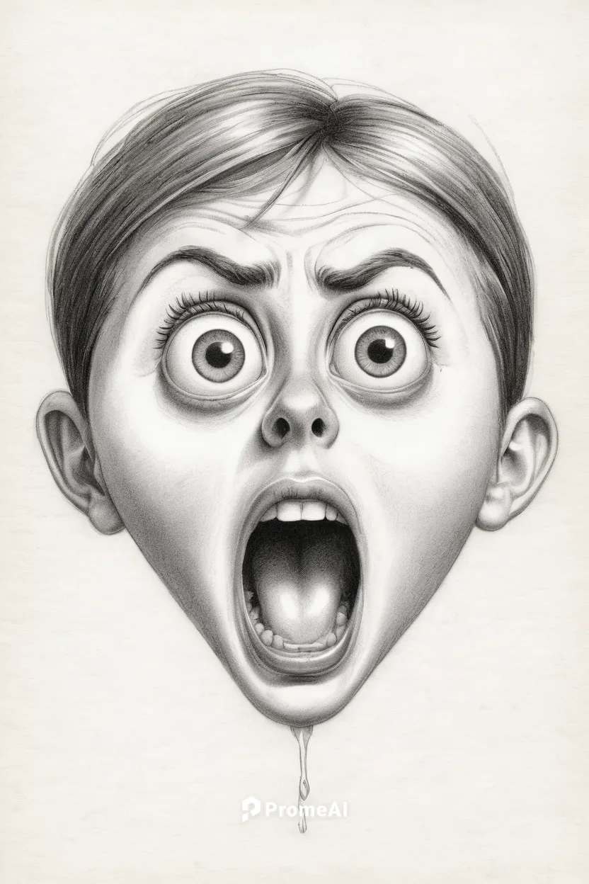 Sketch a scared face with wide eyes and an open mouth.,child crying,kids illustration,astonishment,caricature,scared woman,pencil and paper,ventriloquist,big mouth,graphite,pencil drawing,anger,pinocc