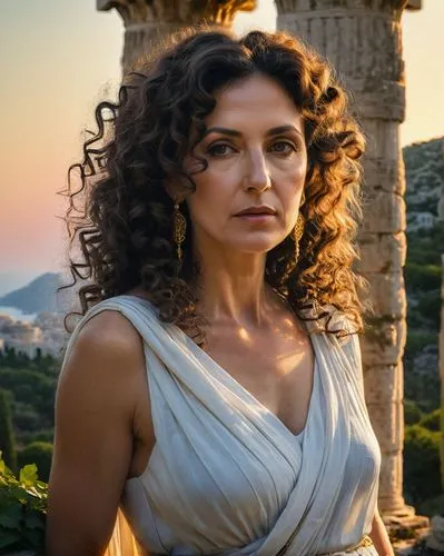 (masterpiece) professional photography quality, a beautiful mature dark-haired Greek priestess in a traditional Greek peplos dress, setting: an imposing ancient Greek style temple building, Corinthian