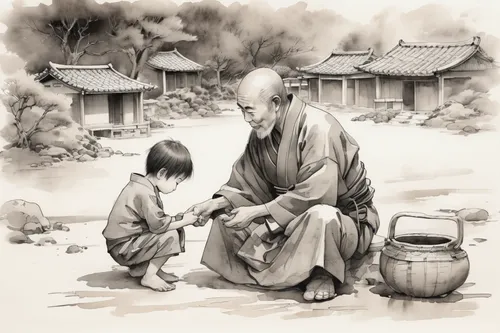 father with child,chinese art,luo han guo,oriental painting,xing yi quan,junshan yinzhen,japanese art,traditional chinese,tea ceremony,haidong gumdo,father's love,tea zen,korean culture,monks,buddhist monk,chinese icons,man and boy,baihao yinzhen,grandfather,pu'er tea,Illustration,Paper based,Paper Based 30