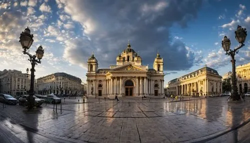 Bucharest design, architecture, historic building, grandiose facade, ornate details, intricate stonework, Baroque style, golden domes, symmetrical composition, morning light, soft shadows, vibrant flo