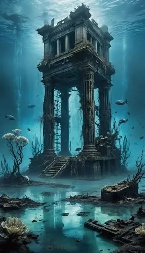 sunken church,underwater playground,underwater oasis,underwater landscape,atlantis,atlantik,atlantica,aquarium,sunken ship,house of the sea,underwater background,ocean underwater,ocean floor,submerged,herakleion,ancient city,yamatai,shipwreck,subterranea,abandoned place,Conceptual Art,Fantasy,Fantasy 33