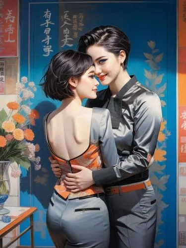 bright and saturated colors, suit, no background, background white. short hair, brunette, big eyes, blue eyes. American style drawing 11. big smile.,a couple hugging in front of a painting,lesbos,coco