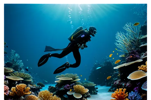 Underwater scene, coral reef, school of fish, shimmering scales, ocean plants, seaweed, scuba diver, oxygen tank, diving suit, flippers, underwater camera, bright blue water, sunlight filtering down, 